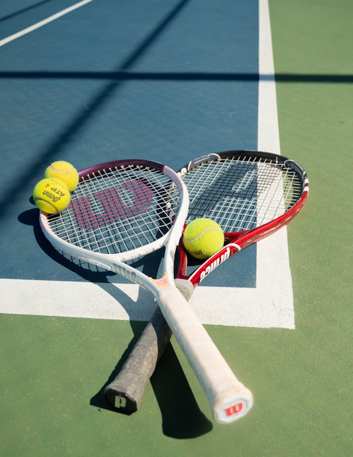 Tennis rackets and balls on a court in San Francisco, perfect for sports-related projects.