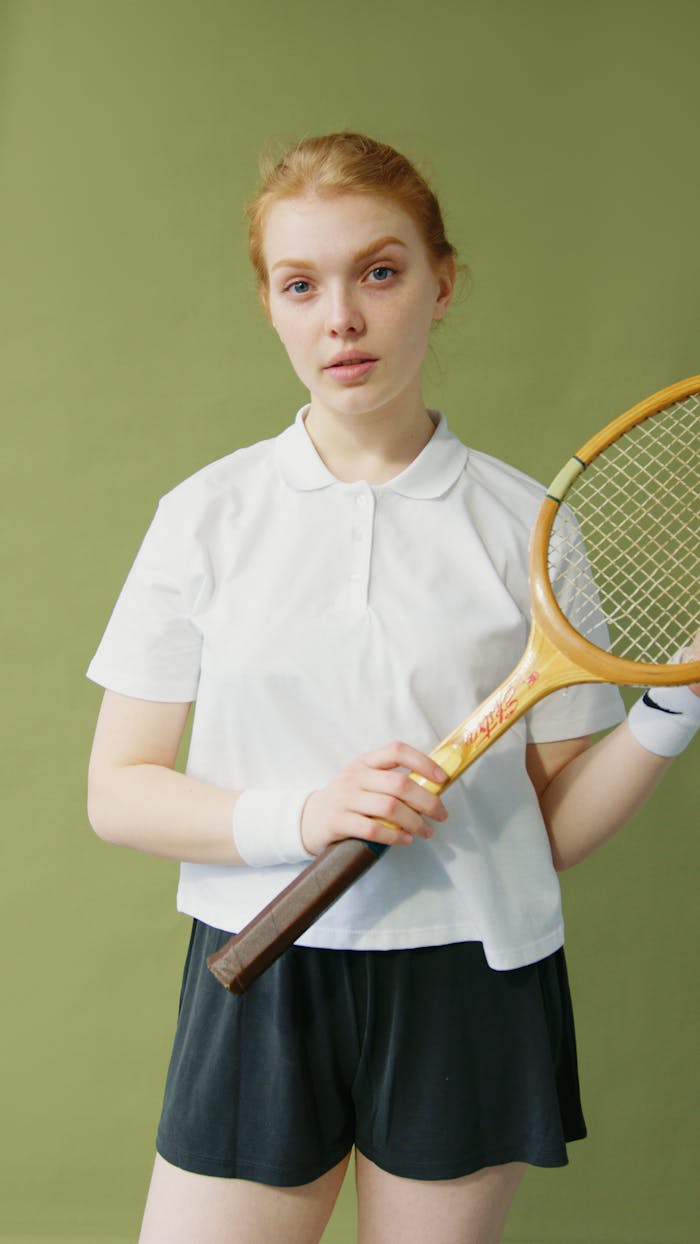 Portrait of a young female tennis player with a wooden racket posing in a studio setting.